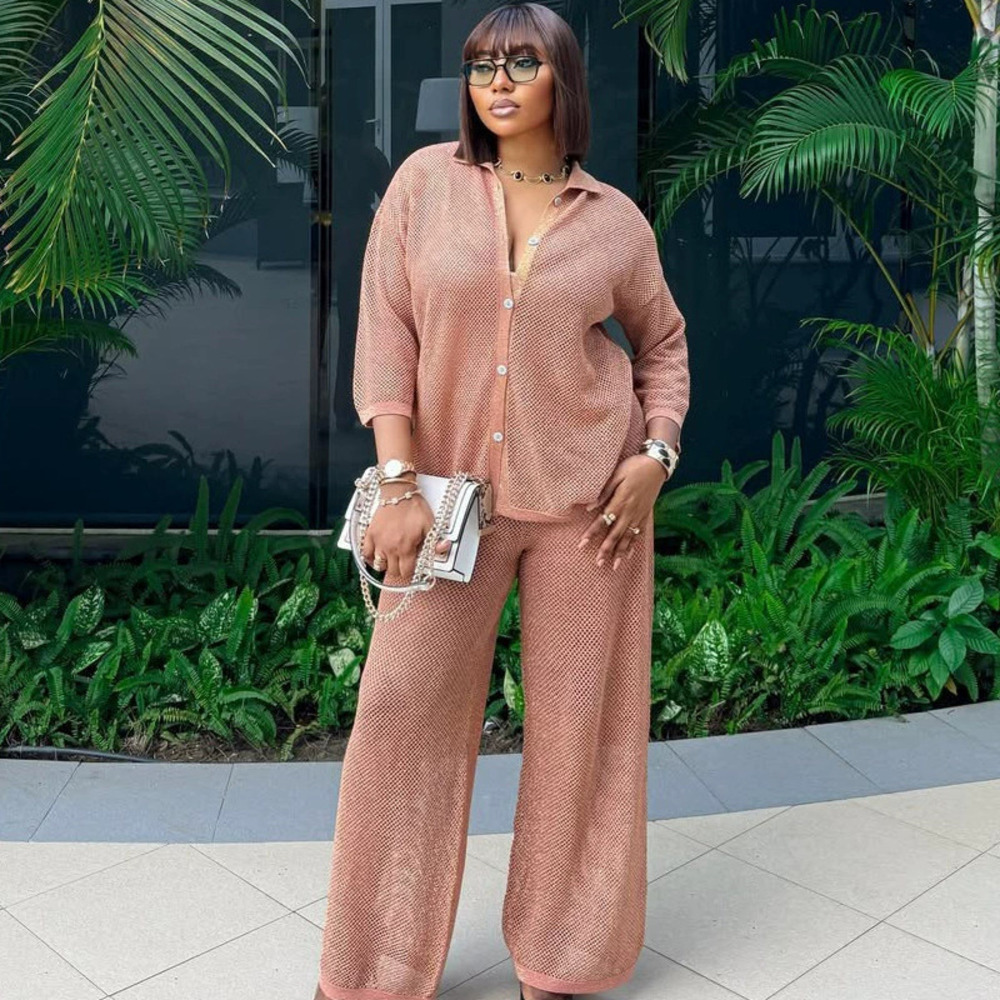 ZARA Plus Size Fashion Lapel Knit Cardigan Wide Leg Pants Two Piece African Set